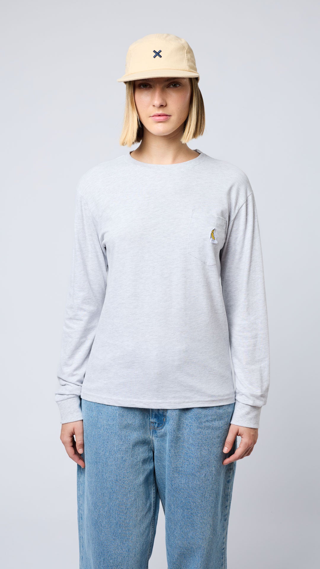 LIGHT GREY MELANGE BANANA POCKET LS TEE